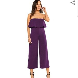 SheIn Purple Strapless Widelegged Flounce Jumpsuit